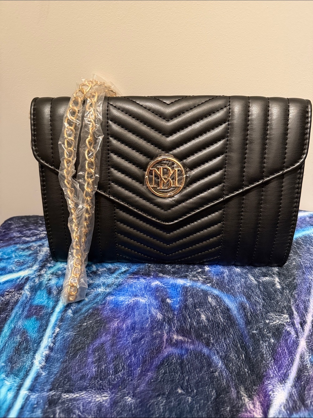 Badgley Mischka Black Quilted Crossbody Bag with Gold Chain